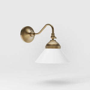 Industrial brass wall lamp with adjustable arm and white glass shade, Italian design Sofia for versatile lighting by Ghidini 1849 - Finish: OBS Bronze Satin Brass