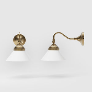 Industrial brass wall lamp with adjustable arm and white glass shade, Italian design Sofia for versatile lighting by Ghidini 1849 - Finish: OBS Bronze Satin Brass