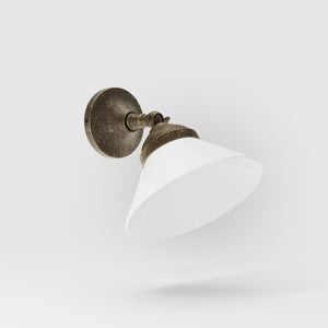 Compact brass wall light with adjustable conical white glass shade, minimalist Sofia design for versatile lighting by Ghidini 1849 - Finish: OAS Antique Brass