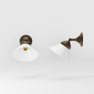 Compact brass wall light with adjustable conical white glass shade, minimalist Sofia design for versatile lighting by Ghidini 1849 - Finish: OAS Antique Brass