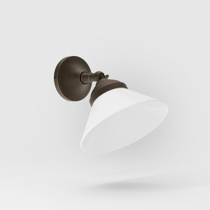 Compact brass wall light with adjustable conical white glass shade, minimalist Sofia design for versatile lighting by Ghidini 1849 - Finish: OBM Bronze Satin Matt Brass