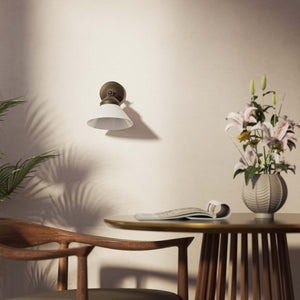 Compact brass wall light with adjustable conical white glass shade, minimalist Sofia design for versatile lighting by Ghidini 1849 - Finish: OBM Bronze Satin Matt Brass