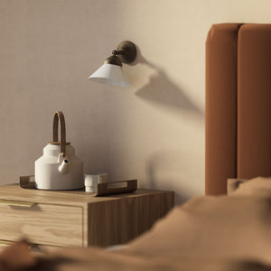 Compact brass wall light with adjustable conical white glass shade, minimalist Sofia design for versatile lighting by Ghidini 1849 - Finish: OBM Bronze Satin Matt Brass