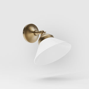 Compact brass wall light with adjustable conical white glass shade, minimalist Sofia design for versatile lighting by Ghidini 1849 - Finish: OBS Bronze Satin Brass