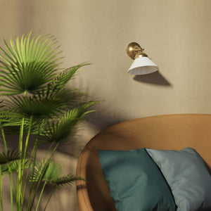 Compact brass wall light with adjustable conical white glass shade, minimalist Sofia design for versatile lighting by Ghidini 1849 - Finish: OBS Bronze Satin Brass