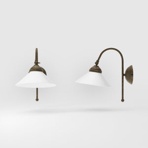 Wall lamp with curved brass arm and conical white glass shade, elegant Sofia design for versatile lighting by Ghidini 1849 - Finish: OAS Antique Brass