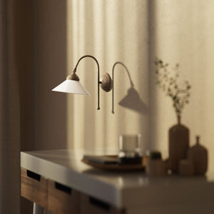 Wall lamp with curved brass arm and conical white glass shade, elegant Sofia design for versatile lighting by Ghidini 1849 - Finish: OAS Antique Brass