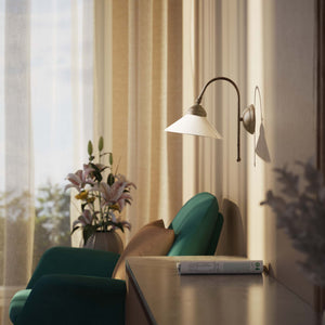 Wall lamp with curved brass arm and conical white glass shade, elegant Sofia design for versatile lighting by Ghidini 1849 - Finish: OAS Antique Brass
