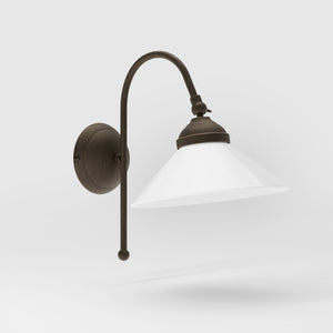 Wall lamp with curved brass arm and conical white glass shade, elegant Sofia design for versatile lighting by Ghidini 1849 - Finish: OBM Bronze Satin Matt Brass
