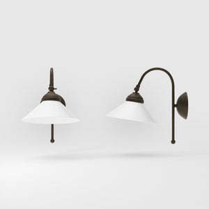 Wall lamp with curved brass arm and conical white glass shade, elegant Sofia design for versatile lighting by Ghidini 1849 - Finish: OBM Bronze Satin Matt Brass