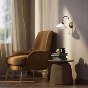 Wall lamp with curved brass arm and conical white glass shade, elegant Sofia design for versatile lighting by Ghidini 1849 - Finish: OBM Bronze Satin Matt Brass