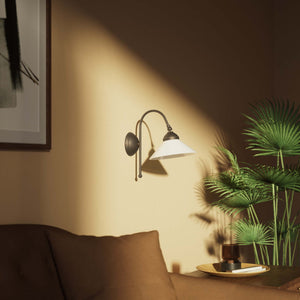 Wall lamp with curved brass arm and conical white glass shade, elegant Sofia design for versatile lighting by Ghidini 1849 - Finish: OBM Bronze Satin Matt Brass