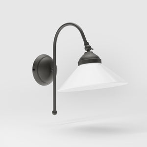 Wall lamp with curved brass arm and conical white glass shade, elegant Sofia design for versatile lighting by Ghidini 1849 - Finish: OBR Dark Bronze