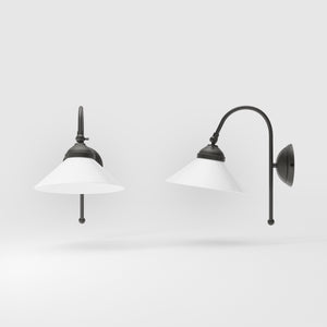 Wall lamp with curved brass arm and conical white glass shade, elegant Sofia design for versatile lighting by Ghidini 1849 - Finish: OBR Dark Bronze