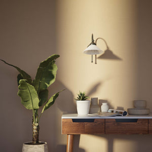 Wall lamp with curved brass arm and conical white glass shade, elegant Sofia design for versatile lighting by Ghidini 1849 - Finish: OBR Dark Bronze