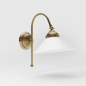 Wall lamp with curved brass arm and conical white glass shade, elegant Sofia design for versatile lighting by Ghidini 1849 - Finish: OBS Bronze Satin Brass