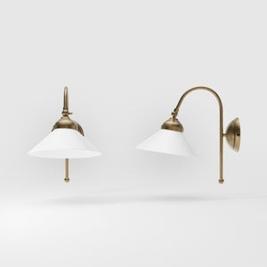 Wall lamp with curved brass arm and conical white glass shade, elegant Sofia design for versatile lighting by Ghidini 1849 - Finish: OBS Bronze Satin Brass