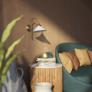 Wall lamp with curved brass arm and conical white glass shade, elegant Sofia design for versatile lighting by Ghidini 1849 - Finish: OBS Bronze Satin Brass