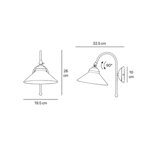 Wall lamp with curved brass arm and conical white glass shade, elegant Sofia design for versatile lighting by Ghidini 1849