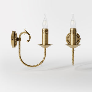Classic wall lamp in brass with curved arm and candle-effect bulb holder, elegant vintage design by Ghidini 1849 - Finish: OBS Bronze Satin Brass