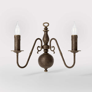 Flemish double brass wall lamp with central decorative sphere and symmetrical arms, classic design for interior lighting - Finish: OAS Antique Brass