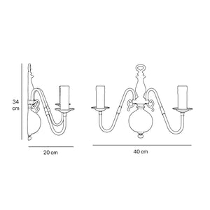 Flemish double brass wall lamp with central decorative sphere and symmetrical arms, classic design for interior lighting