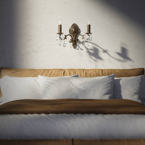 Baroque brass wall lamp with two lights and crystal pendants by Ghidini 1849 - Finish: OBM Bronze Satin Matt Brass