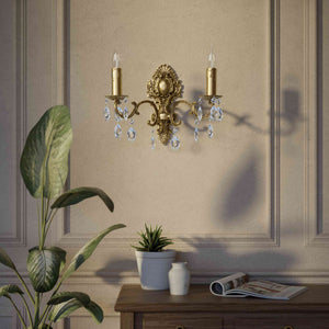 Baroque brass wall lamp with two lights and crystal pendants by Ghidini 1849 - Finish: OBS Bronze Satin Brass