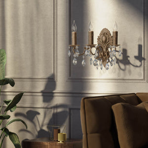 Baroque brass wall lamp with three lights and crystal pendants by Ghidini 1849 - Finish: OBM Bronze Satin Matt Brass