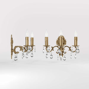 Baroque brass wall lamp with three lights and crystal pendants by Ghidini 1849 - Finish: OBS Bronze Satin Brass