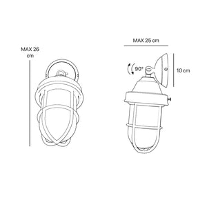 Rustic outdoor wall light in brass with clear glass shade, industrial maritime design, and adjustable joint by Ghidini 1849