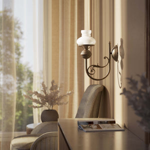 Classic wall lamp with white glass shade ribbed decorative dome and brass arm with scrolls by Ghidini 1849 - Finish: OAS Antique Brass