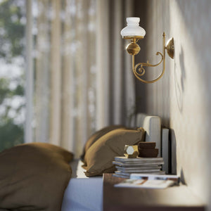 Classic wall lamp with white glass shade ribbed decorative dome and brass arm with scrolls by Ghidini 1849 - Finish: OBS Bronze Satin Brass