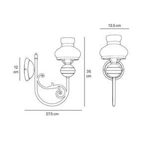 Classic wall lamp with white glass shade ribbed decorative dome and brass arm with scrolls by Ghidini 1849