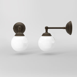 Brass wall lamp with white glass globe, vintage contemporary design for interiors by Ghidini 1849 - Finish: OBM Bronze Satin Matt Brass