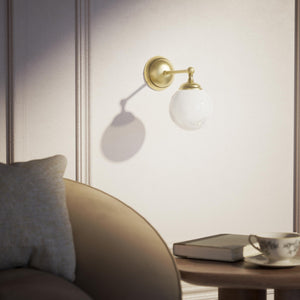 Brass wall lamp with white glass globe, vintage contemporary design for interiors by Ghidini 1849 - Finish: OBV Bronze Satin Light Brass