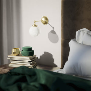 Brass wall lamp with white glass globe, vintage contemporary design for interiors by Ghidini 1849 - Finish: OBV Bronze Satin Light Brass