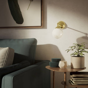 Brass wall lamp with white glass globe, vintage contemporary design for interiors by Ghidini 1849 - Finish: OLV Polished Brass