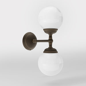 Art Deco wall sconce with two opal glass spheres and brass structure, classic and elegant Italian design for interior lighting - Finish: OBM Bronze Satin Matt Brass