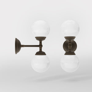 Art Deco wall sconce with two opal glass spheres and brass structure, classic and elegant Italian design for interior lighting - Finish: OBM Bronze Satin Matt Brass
