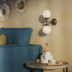 Art Deco wall sconce with two opal glass spheres and brass structure, classic and elegant Italian design for interior lighting - Finish: OBM Bronze Satin Matt Brass