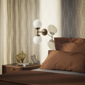 Art Deco wall sconce with two opal glass spheres and brass structure, classic and elegant Italian design for interior lighting - Finish: OBM Bronze Satin Matt Brass