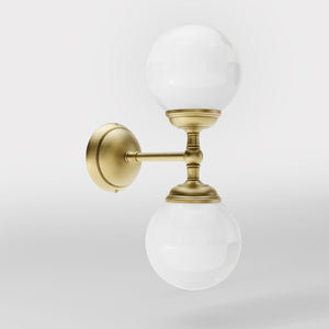 Art Deco wall sconce with two opal glass spheres and brass structure, classic and elegant Italian design for interior lighting - Finish: OBV Bronze Satin Light Brass