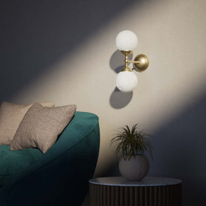 Art Deco wall sconce with two opal glass spheres and brass structure, classic and elegant Italian design for interior lighting - Finish: OBV Bronze Satin Light Brass