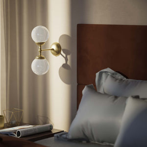 Art Deco wall sconce with two opal glass spheres and brass structure, classic and elegant Italian design for interior lighting - Finish: OBV Bronze Satin Light Brass
