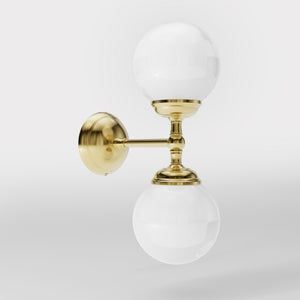 Art Deco wall sconce with two opal glass spheres and brass structure, classic and elegant Italian design for interior lighting - Finish: OLV Polished Brass