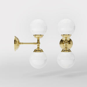 Art Deco wall sconce with two opal glass spheres and brass structure, classic and elegant Italian design for interior lighting - Finish: OLV Polished Brass
