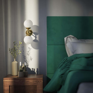 Art Deco wall sconce with two opal glass spheres and brass structure, classic and elegant Italian design for interior lighting - Finish: OLV Polished Brass