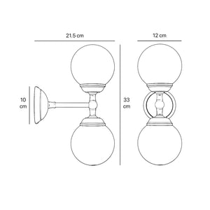 Art Deco wall sconce with two opal glass spheres and brass structure, classic and elegant Italian design for interior lighting