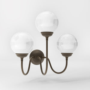 Brass wall lamp with three glossy white glass globes, elegant design, interior lighting by Ghidini 1849 - Finish: OBM Bronze Satin Matt Brass